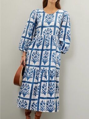 Blue and White Floral Midi Dress